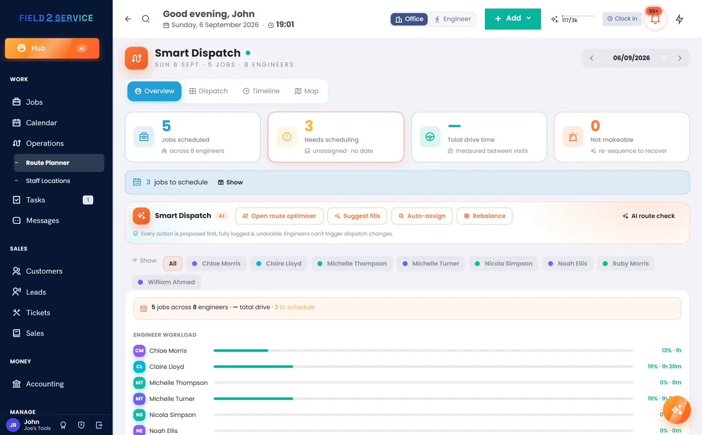 Smart Dispatch board with jobs arranged per engineer across the day